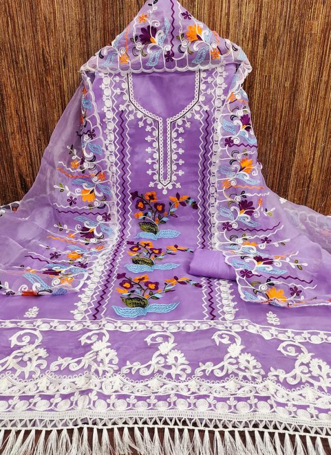 Organza Silk Purple Traditional Wear Embroidery Work Dress Material